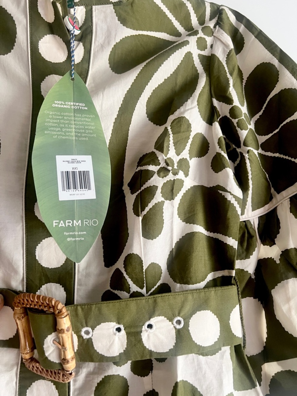 FARM Rio Off-White Green Palermo Belted Organic Cotton Mini Dress Size XXS NWT - Picture 9 of 14